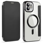 Til iPhone 11 6,1 tommer, kompatibel med MagSafe, RFID-blokerende kortpladser, anti-fald, PU-læder + TPU-galvaniseret klart bagside flip-cover med linsefilm