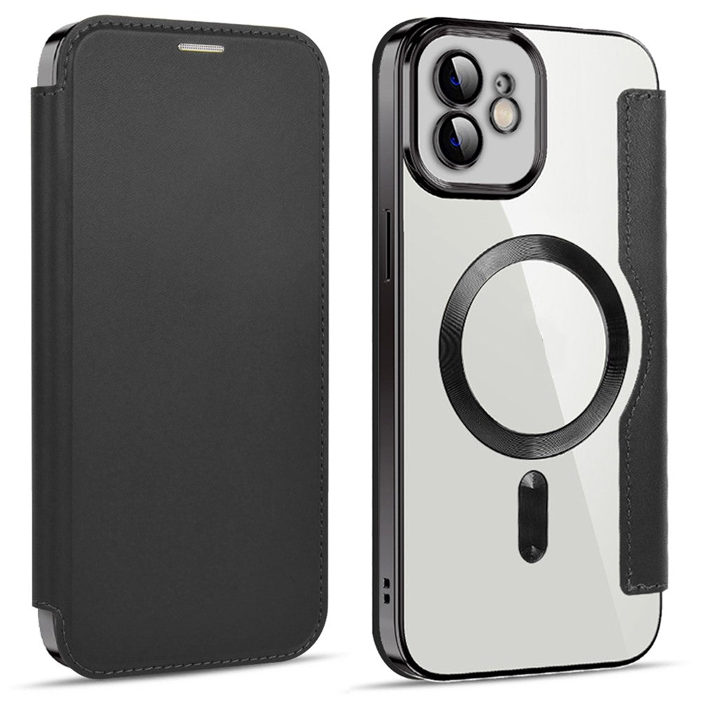 Til iPhone 11 6,1 tommer, kompatibel med MagSafe, RFID-blokerende kortpladser, anti-fald, PU-læder + TPU-galvaniseret klart bagside flip-cover med linsefilm