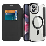 Til iPhone 11 6,1 tommer, kompatibel med MagSafe, RFID-blokerende kortpladser, anti-fald, PU-læder + TPU-galvaniseret klart bagside flip-cover med linsefilm