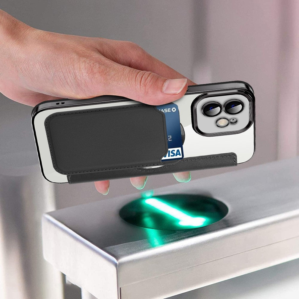 Til iPhone 11 6,1 tommer, kompatibel med MagSafe, RFID-blokerende kortpladser, anti-fald, PU-læder + TPU-galvaniseret klart bagside flip-cover med linsefilm
