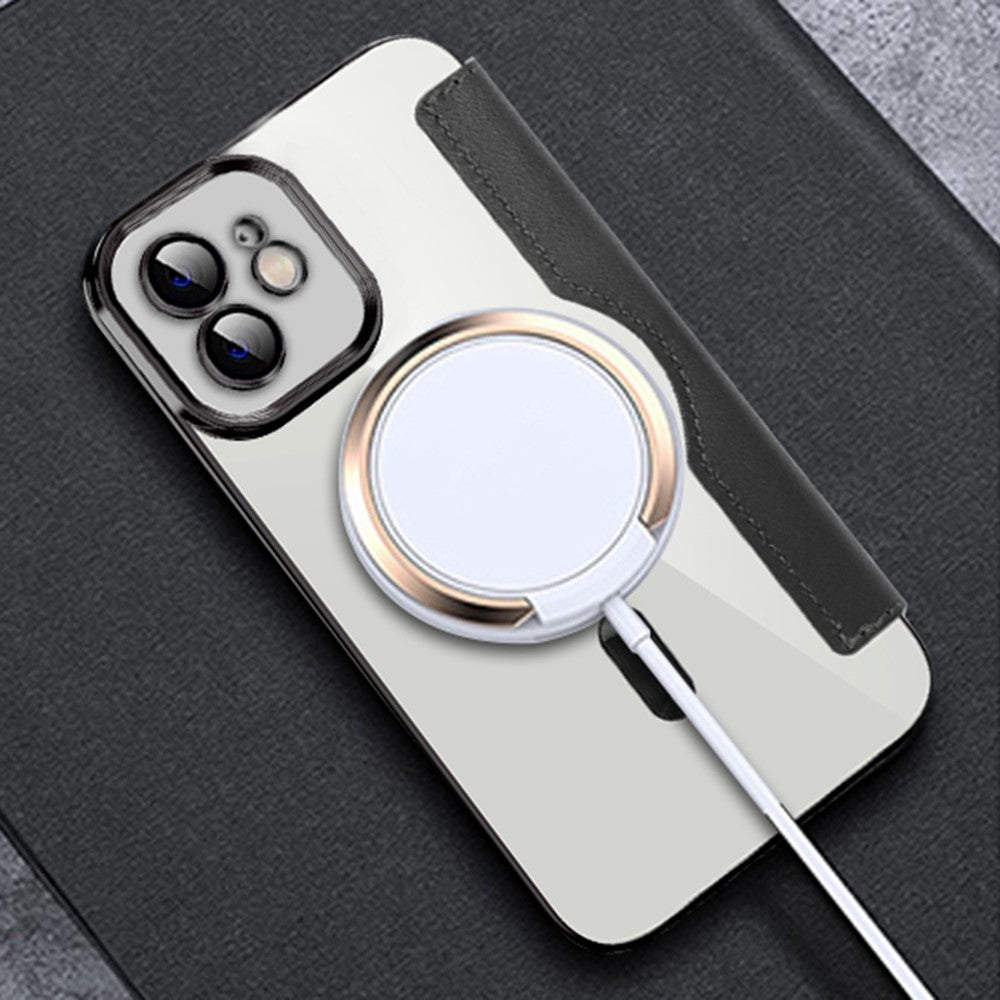 Til iPhone 11 6,1 tommer, kompatibel med MagSafe, RFID-blokerende kortpladser, anti-fald, PU-læder + TPU-galvaniseret klart bagside flip-cover med linsefilm