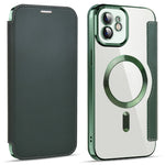 Til iPhone 11 6,1 tommer, kompatibel med MagSafe, RFID-blokerende kortpladser, anti-fald, PU-læder + TPU-galvaniseret klart bagside flip-cover med linsefilm