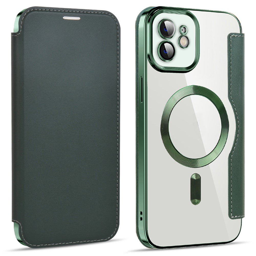 Til iPhone 11 6,1 tommer, kompatibel med MagSafe, RFID-blokerende kortpladser, anti-fald, PU-læder + TPU-galvaniseret klart bagside flip-cover med linsefilm