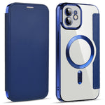 Til iPhone 11 6,1 tommer, kompatibel med MagSafe, RFID-blokerende kortpladser, anti-fald, PU-læder + TPU-galvaniseret klart bagside flip-cover med linsefilm