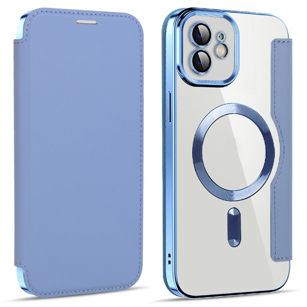 Til iPhone 11 6,1 tommer, kompatibel med MagSafe, RFID-blokerende kortpladser, anti-fald, PU-læder + TPU-galvaniseret klart bagside flip-cover med linsefilm