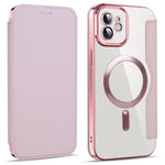 Til iPhone 11 6,1 tommer, kompatibel med MagSafe, RFID-blokerende kortpladser, anti-fald, PU-læder + TPU-galvaniseret klart bagside flip-cover med linsefilm