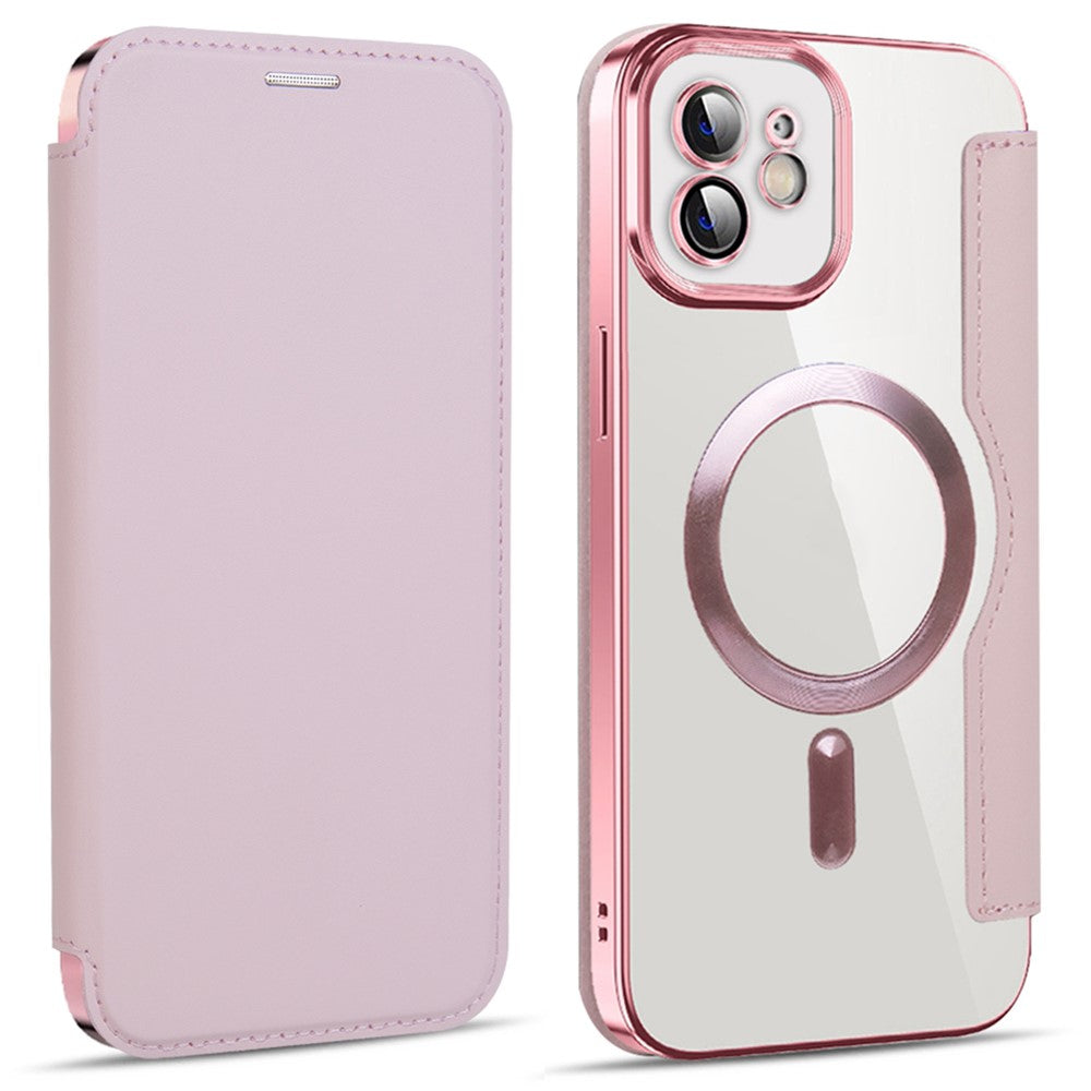 Til iPhone 11 6,1 tommer, kompatibel med MagSafe, RFID-blokerende kortpladser, anti-fald, PU-læder + TPU-galvaniseret klart bagside flip-cover med linsefilm