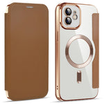 Til iPhone 11 6,1 tommer, kompatibel med MagSafe, RFID-blokerende kortpladser, anti-fald, PU-læder + TPU-galvaniseret klart bagside flip-cover med linsefilm