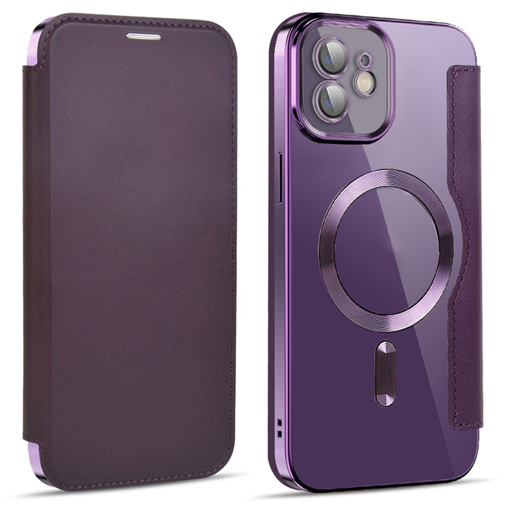 Til iPhone 11 6,1 tommer, kompatibel med MagSafe, RFID-blokerende kortpladser, anti-fald, PU-læder + TPU-galvaniseret klart bagside flip-cover med linsefilm