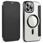 For iPhone 11 Pro Max 6.5 inch Compatible with MagSafe RFID Blocking Card Slots Shockproof PU Leather+TPU Electroplating Clear Back Flip Case with Lens Film