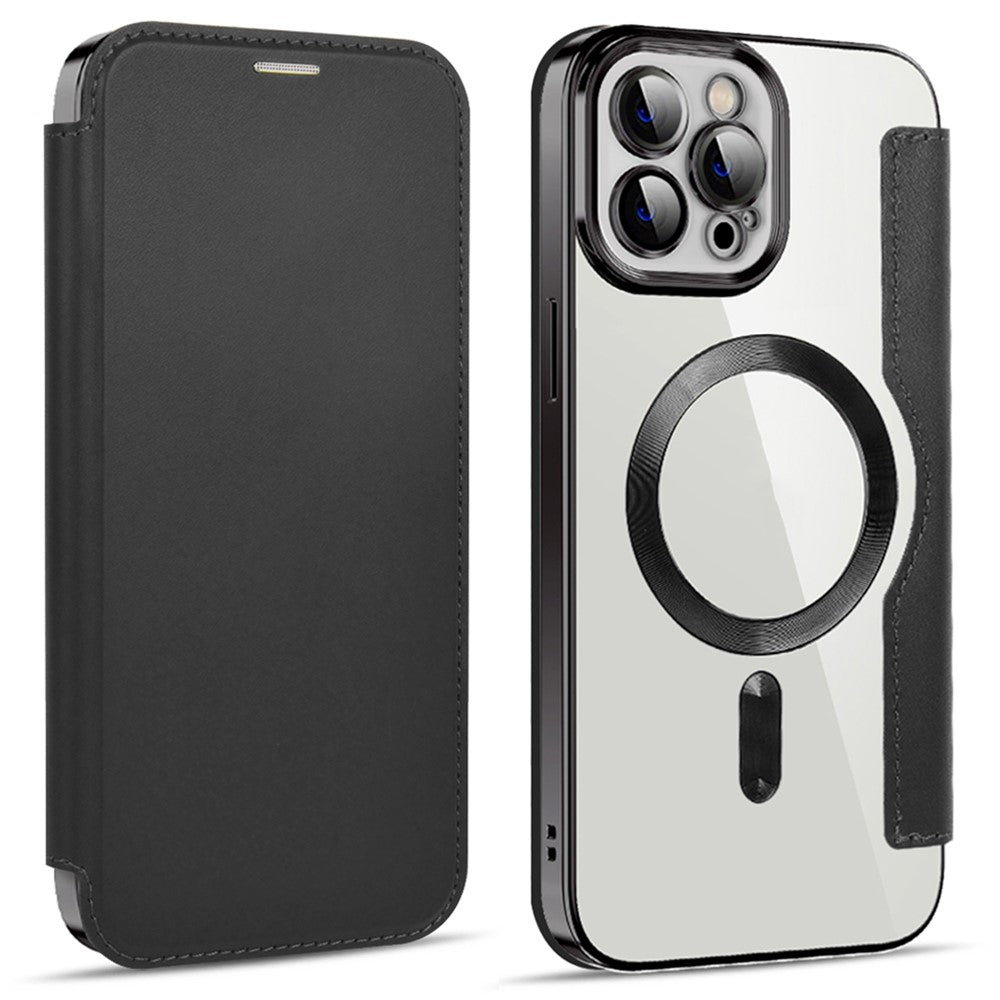 For iPhone 11 Pro Max 6.5 inch Compatible with MagSafe RFID Blocking Card Slots Shockproof PU Leather+TPU Electroplating Clear Back Flip Case with Lens Film