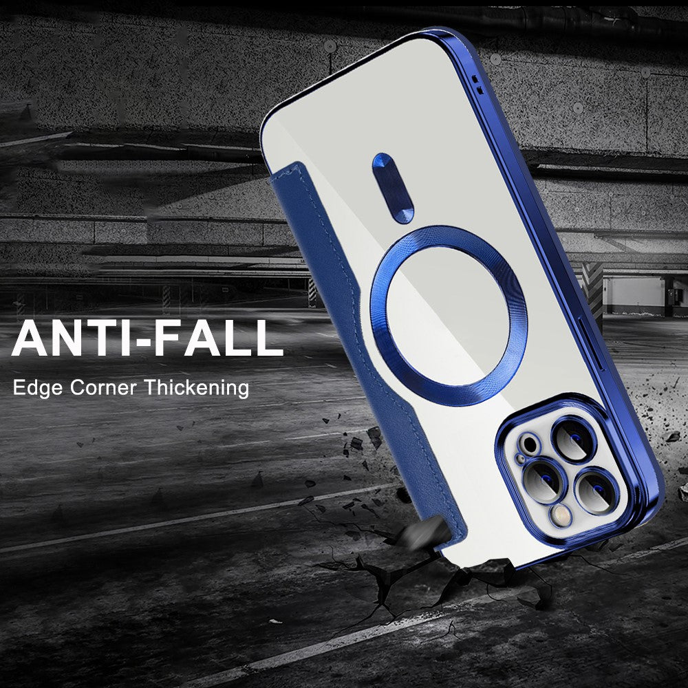 For iPhone 11 Pro Max 6.5 inch Compatible with MagSafe RFID Blocking Card Slots Shockproof PU Leather+TPU Electroplating Clear Back Flip Case with Lens Film