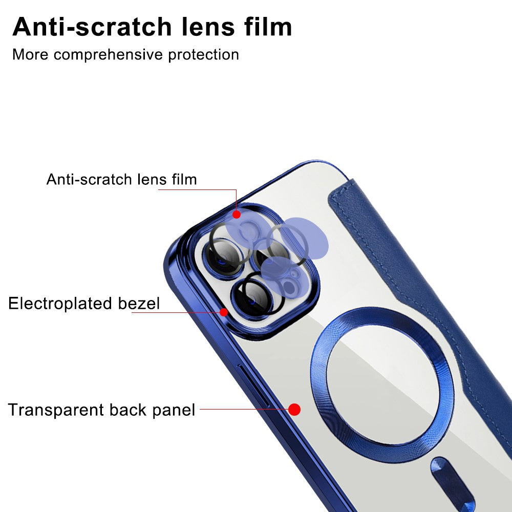 For iPhone 11 Pro Max 6.5 inch Compatible with MagSafe RFID Blocking Card Slots Shockproof PU Leather+TPU Electroplating Clear Back Flip Case with Lens Film