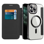 For iPhone 11 Pro Max 6.5 inch Compatible with MagSafe RFID Blocking Card Slots Shockproof PU Leather+TPU Electroplating Clear Back Flip Case with Lens Film