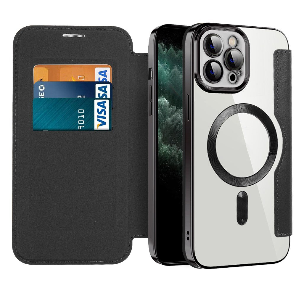 For iPhone 11 Pro Max 6.5 inch Compatible with MagSafe RFID Blocking Card Slots Shockproof PU Leather+TPU Electroplating Clear Back Flip Case with Lens Film