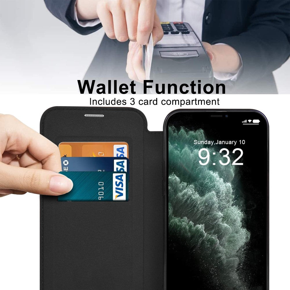 For iPhone 11 Pro Max 6.5 inch Compatible with MagSafe RFID Blocking Card Slots Shockproof PU Leather+TPU Electroplating Clear Back Flip Case with Lens Film