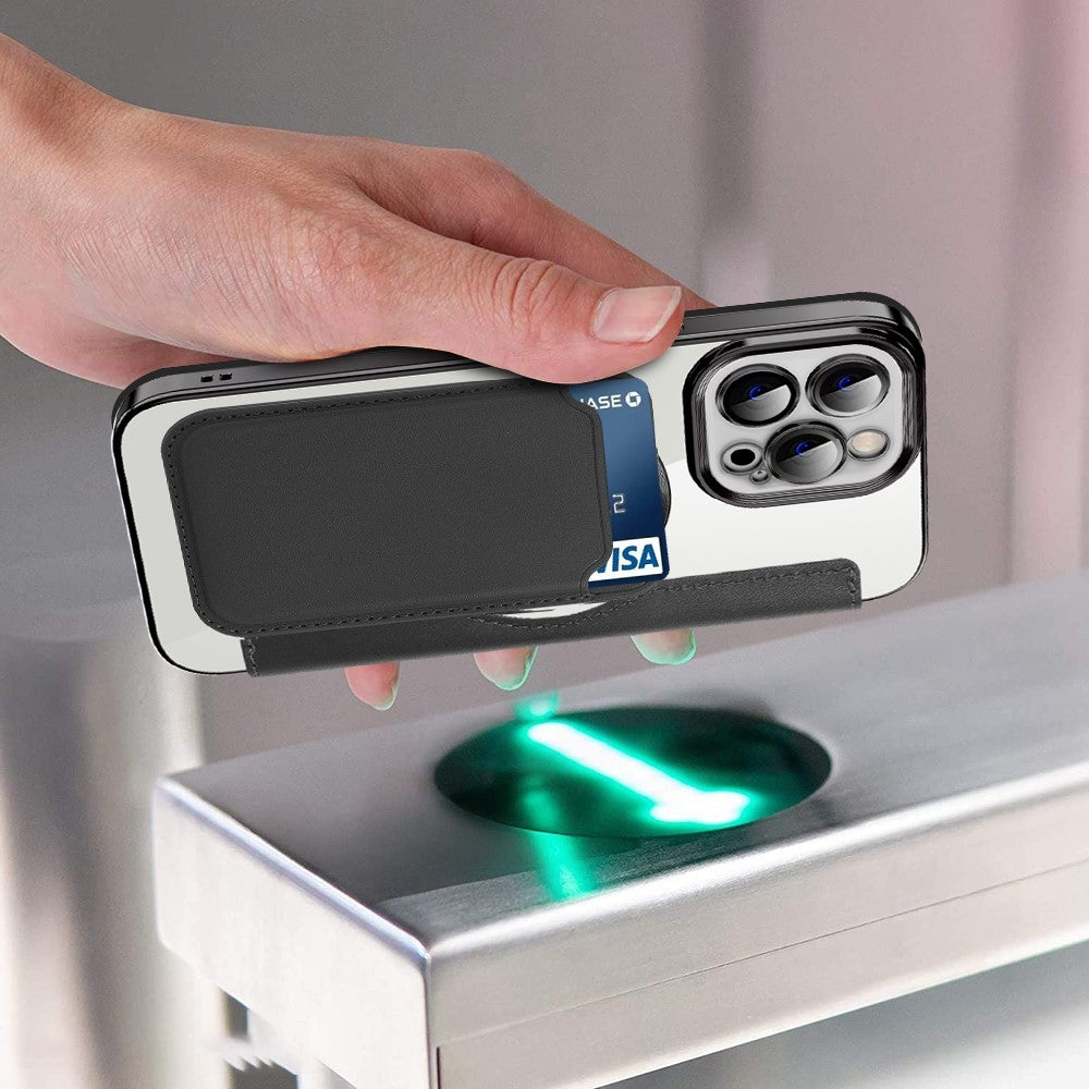 For iPhone 11 Pro Max 6.5 inch Compatible with MagSafe RFID Blocking Card Slots Shockproof PU Leather+TPU Electroplating Clear Back Flip Case with Lens Film