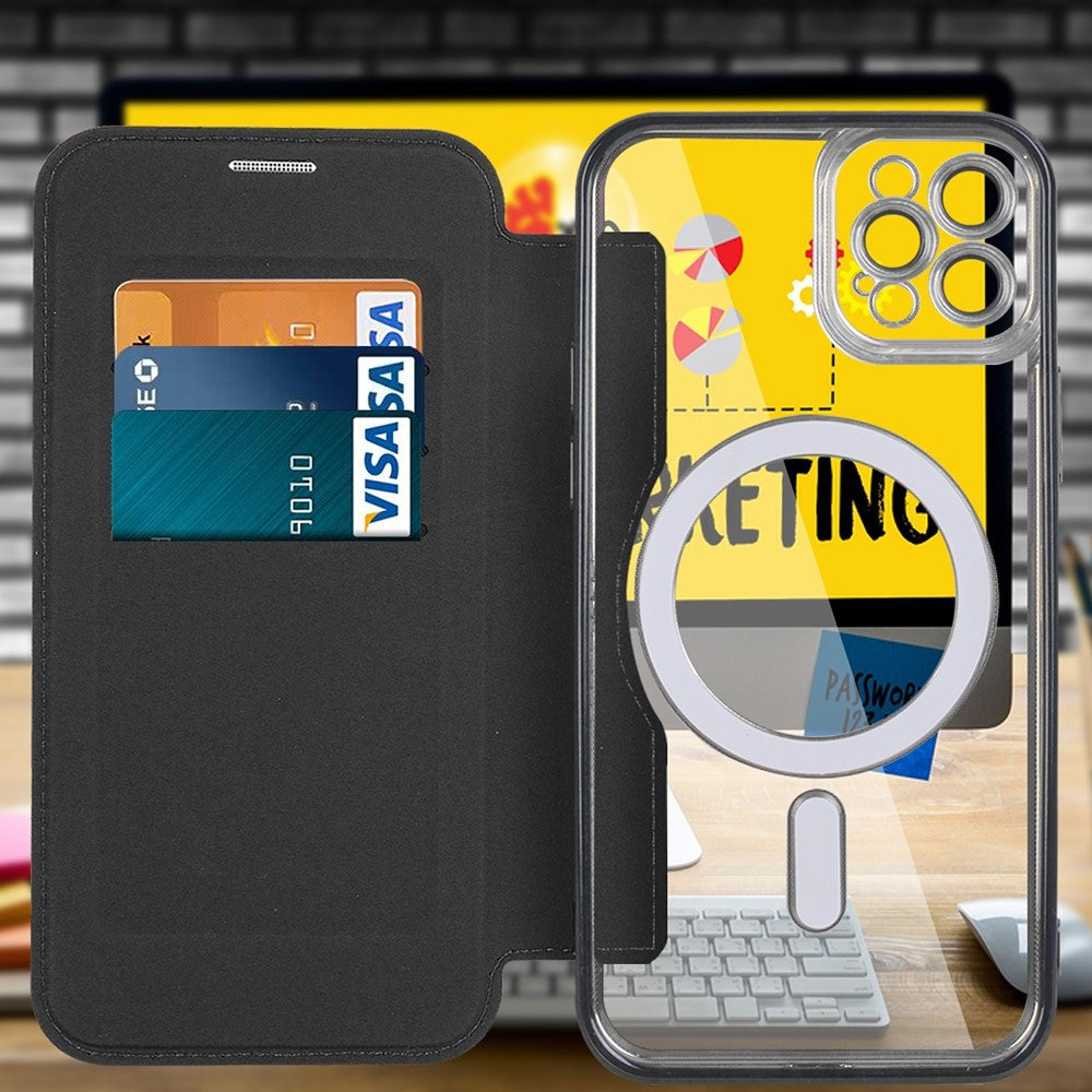 For iPhone 11 Pro Max 6.5 inch Compatible with MagSafe RFID Blocking Card Slots Shockproof PU Leather+TPU Electroplating Clear Back Flip Case with Lens Film