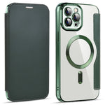 For iPhone 11 Pro Max 6.5 inch Compatible with MagSafe RFID Blocking Card Slots Shockproof PU Leather+TPU Electroplating Clear Back Flip Case with Lens Film