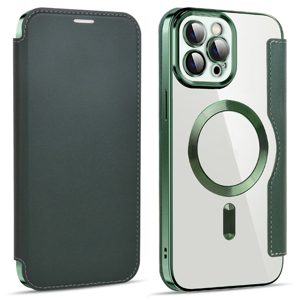 For iPhone 11 Pro Max 6.5 inch Compatible with MagSafe RFID Blocking Card Slots Shockproof PU Leather+TPU Electroplating Clear Back Flip Case with Lens Film
