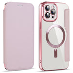 For iPhone 11 Pro Max 6.5 inch Compatible with MagSafe RFID Blocking Card Slots Shockproof PU Leather+TPU Electroplating Clear Back Flip Case with Lens Film