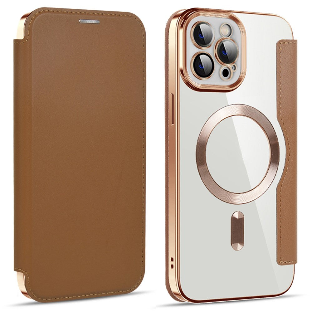 For iPhone 11 Pro Max 6.5 inch Compatible with MagSafe RFID Blocking Card Slots Shockproof PU Leather+TPU Electroplating Clear Back Flip Case with Lens Film