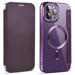 For iPhone 11 Pro Max 6.5 inch Compatible with MagSafe RFID Blocking Card Slots Shockproof PU Leather+TPU Electroplating Clear Back Flip Case with Lens Film