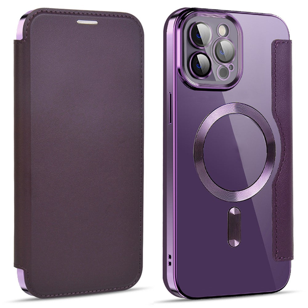 For iPhone 11 Pro Max 6.5 inch Compatible with MagSafe RFID Blocking Card Slots Shockproof PU Leather+TPU Electroplating Clear Back Flip Case with Lens Film