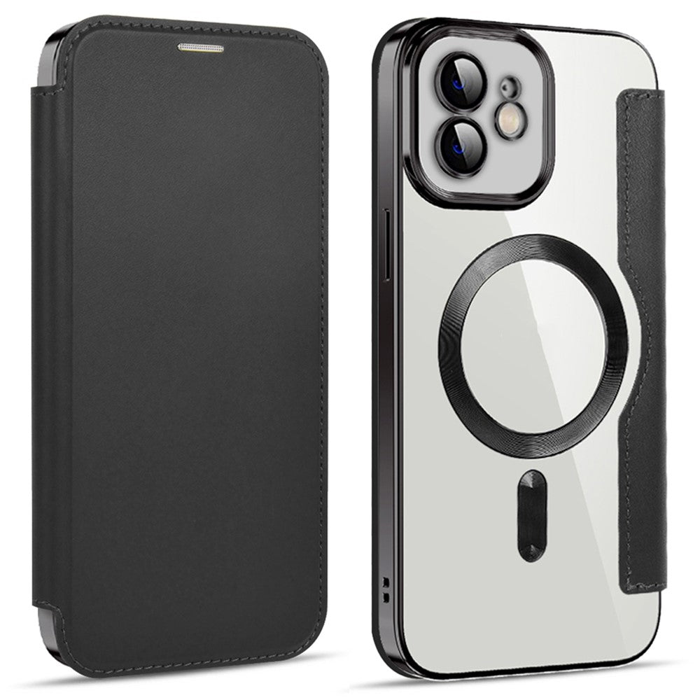 mobilskal för iPhone 12 6,1 tum, kompatibelt med MagSafe RFID-blockerande kortplatser, fullt skydd, PU-läder + TPU, galvaniserat, genomskinligt bakstycke med linsfilm