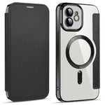 mobilskal för iPhone 12 6,1 tum, kompatibelt med MagSafe RFID-blockerande kortplatser, fullt skydd, PU-läder + TPU, galvaniserat, genomskinligt bakstycke med linsfilm