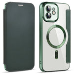 mobilskal för iPhone 12 6,1 tum, kompatibelt med MagSafe RFID-blockerande kortplatser, fullt skydd, PU-läder + TPU, galvaniserat, genomskinligt bakstycke med linsfilm