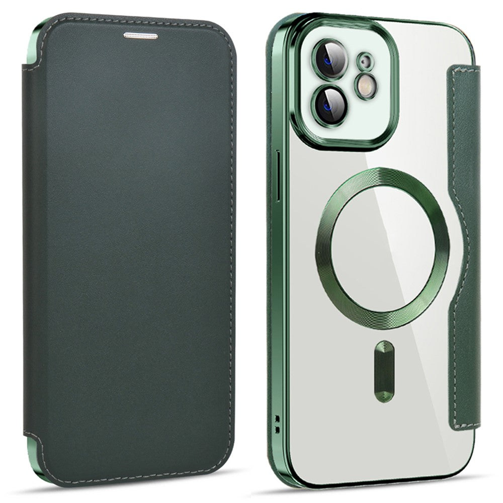 mobilskal för iPhone 12 6,1 tum, kompatibelt med MagSafe RFID-blockerande kortplatser, fullt skydd, PU-läder + TPU, galvaniserat, genomskinligt bakstycke med linsfilm