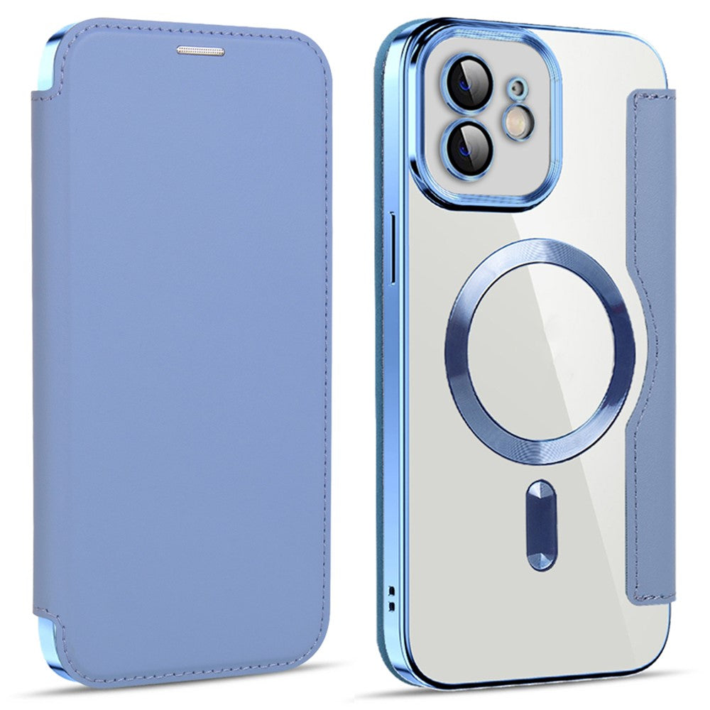 mobilskal för iPhone 12 6,1 tum, kompatibelt med MagSafe RFID-blockerande kortplatser, fullt skydd, PU-läder + TPU, galvaniserat, genomskinligt bakstycke med linsfilm