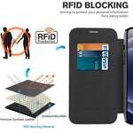 mobilskal för iPhone 12 6,1 tum, kompatibelt med MagSafe RFID-blockerande kortplatser, fullt skydd, PU-läder + TPU, galvaniserat, genomskinligt bakstycke med linsfilm