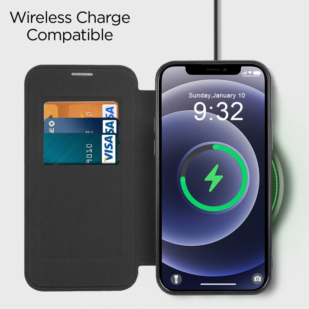 mobilskal för iPhone 12 6,1 tum, kompatibelt med MagSafe RFID-blockerande kortplatser, fullt skydd, PU-läder + TPU, galvaniserat, genomskinligt bakstycke med linsfilm