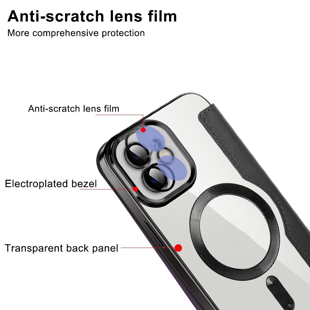 mobilskal för iPhone 12 6,1 tum, kompatibelt med MagSafe RFID-blockerande kortplatser, fullt skydd, PU-läder + TPU, galvaniserat, genomskinligt bakstycke med linsfilm