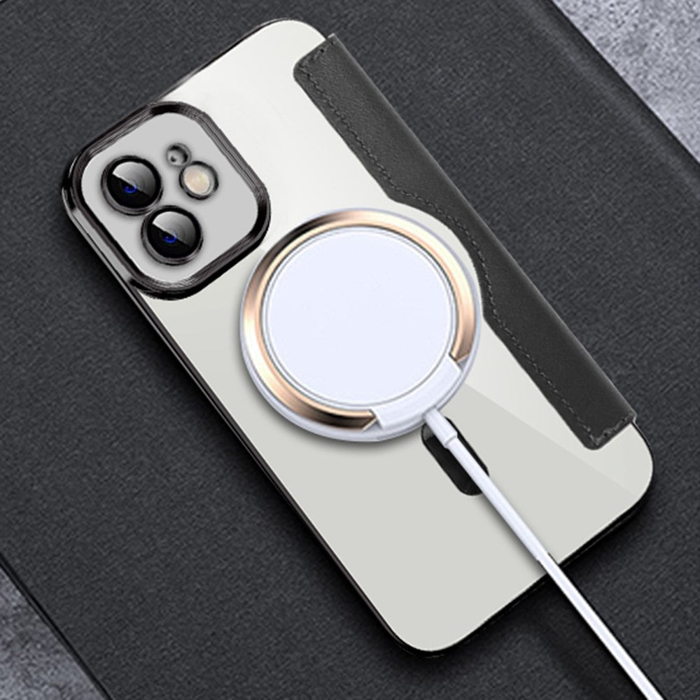 mobilskal för iPhone 12 6,1 tum, kompatibelt med MagSafe RFID-blockerande kortplatser, fullt skydd, PU-läder + TPU, galvaniserat, genomskinligt bakstycke med linsfilm