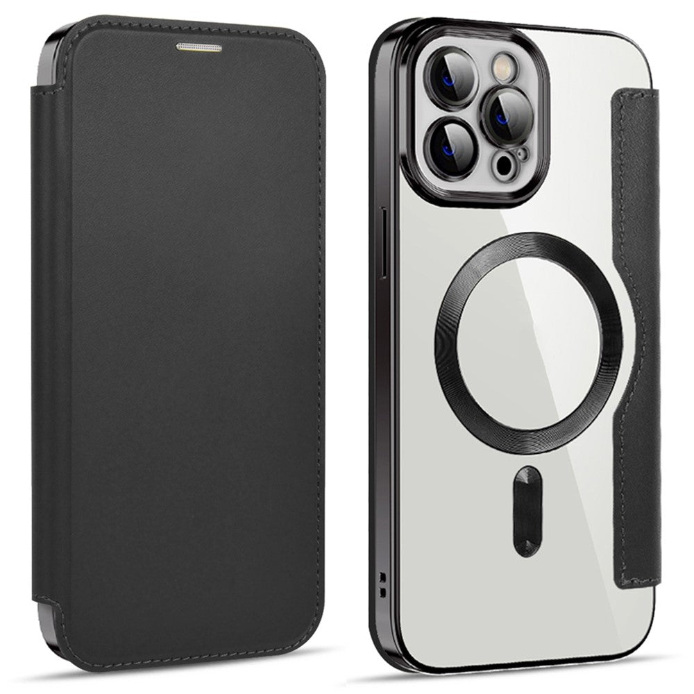 Phone Cover for iPhone 12 Pro 6.1 inch, Compatible with MagSafe RFID Blocking Card Slots Well-protected PU Leather+TPU Electroplating Clear Back Flip Case with Lens Film