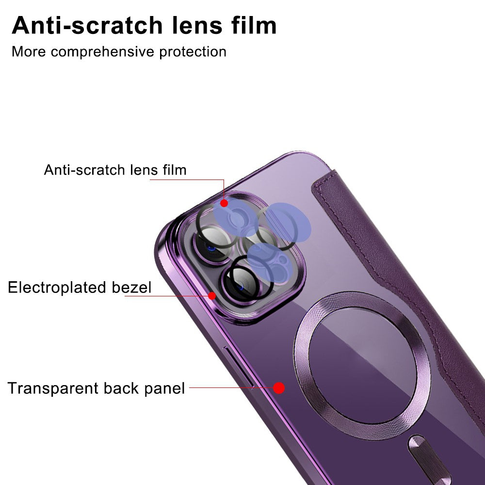 Phone Cover for iPhone 12 Pro 6.1 inch, Compatible with MagSafe RFID Blocking Card Slots Well-protected PU Leather+TPU Electroplating Clear Back Flip Case with Lens Film