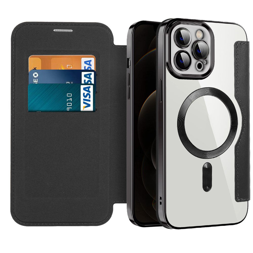 Phone Cover for iPhone 12 Pro 6.1 inch, Compatible with MagSafe RFID Blocking Card Slots Well-protected PU Leather+TPU Electroplating Clear Back Flip Case with Lens Film