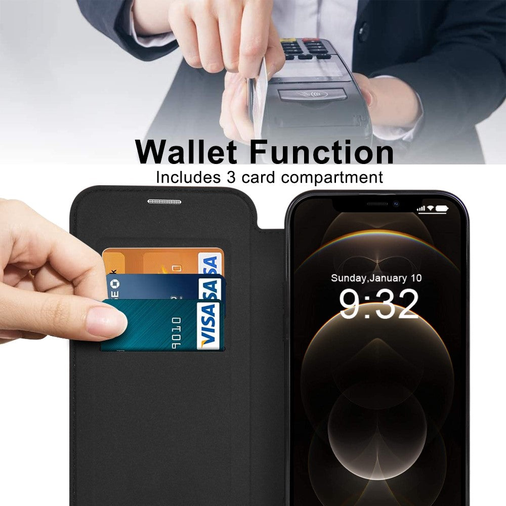 Phone Cover for iPhone 12 Pro 6.1 inch, Compatible with MagSafe RFID Blocking Card Slots Well-protected PU Leather+TPU Electroplating Clear Back Flip Case with Lens Film