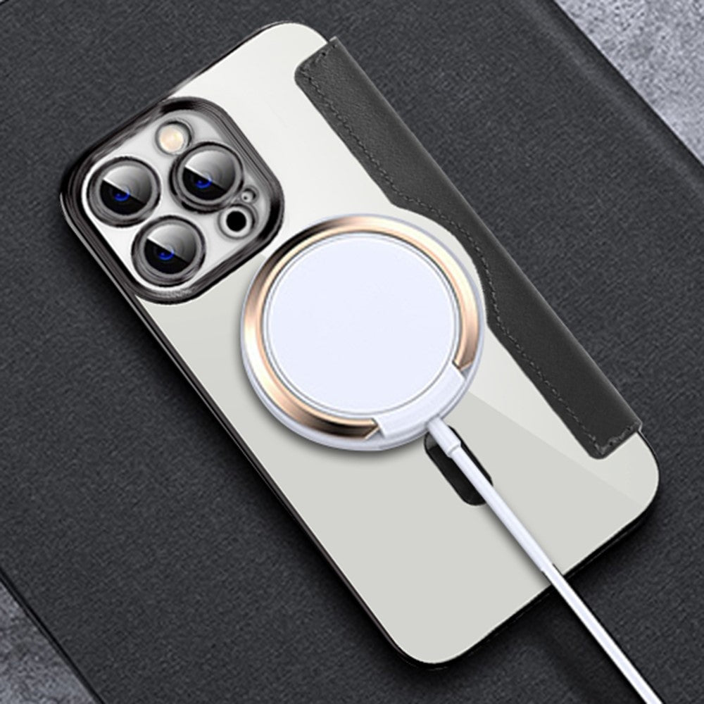 Phone Cover for iPhone 12 Pro 6.1 inch, Compatible with MagSafe RFID Blocking Card Slots Well-protected PU Leather+TPU Electroplating Clear Back Flip Case with Lens Film