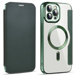 Phone Cover for iPhone 12 Pro 6.1 inch, Compatible with MagSafe RFID Blocking Card Slots Well-protected PU Leather+TPU Electroplating Clear Back Flip Case with Lens Film