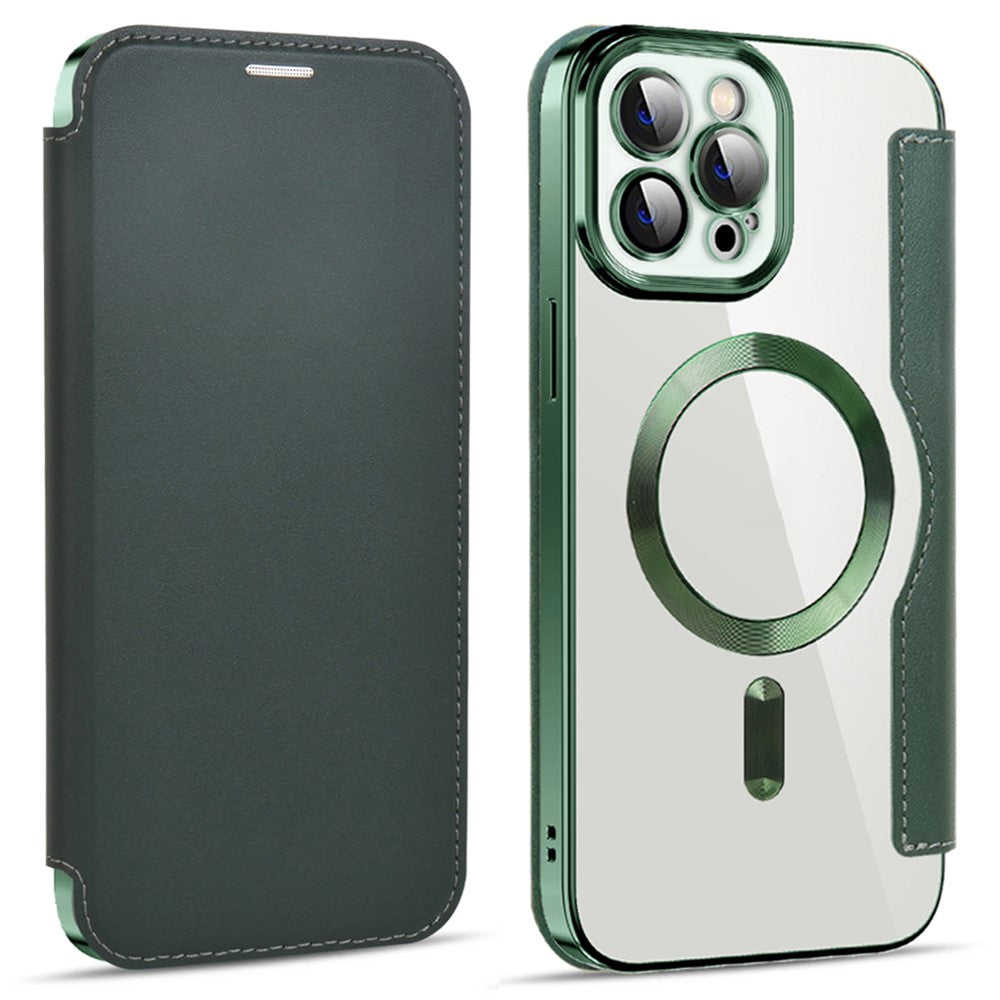 Phone Cover for iPhone 12 Pro 6.1 inch, Compatible with MagSafe RFID Blocking Card Slots Well-protected PU Leather+TPU Electroplating Clear Back Flip Case with Lens Film