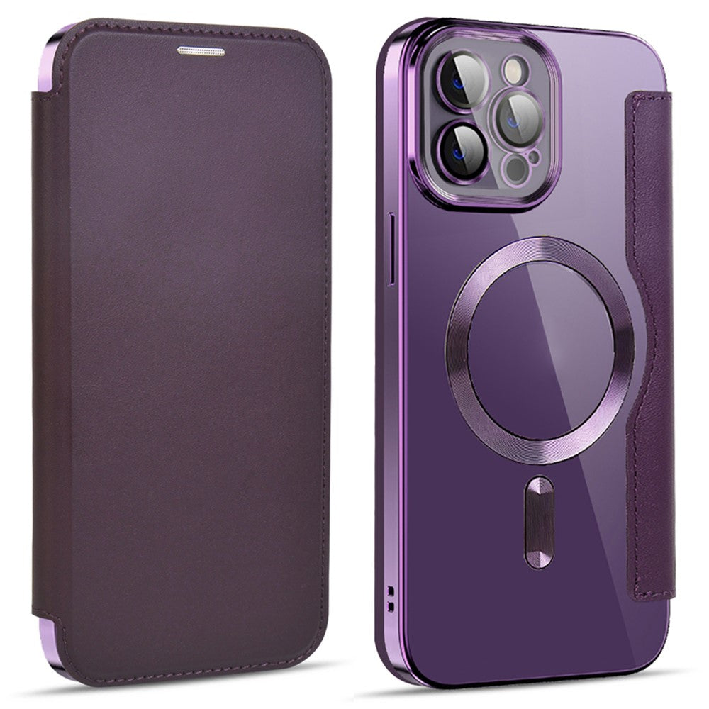 Phone Cover for iPhone 12 Pro 6.1 inch, Compatible with MagSafe RFID Blocking Card Slots Well-protected PU Leather+TPU Electroplating Clear Back Flip Case with Lens Film