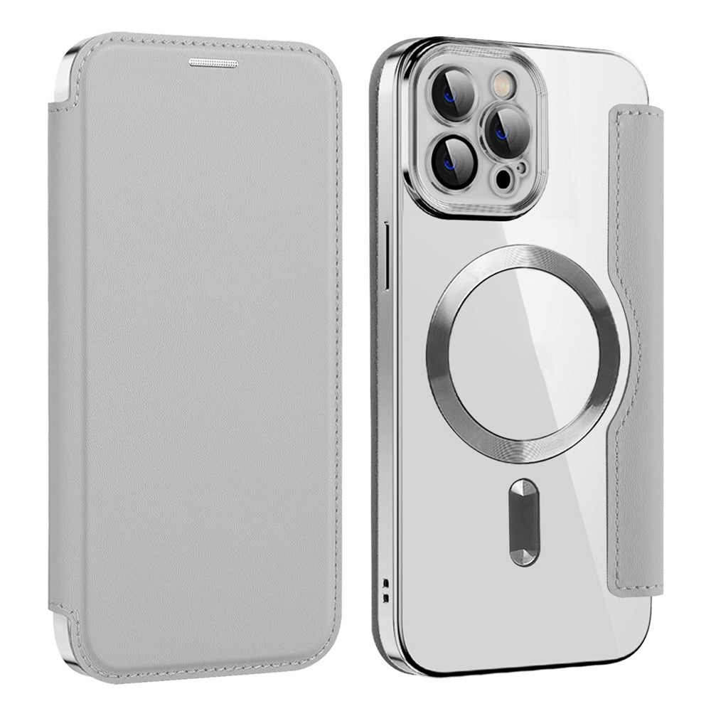 Phone Cover for iPhone 12 Pro 6.1 inch, Compatible with MagSafe RFID Blocking Card Slots Well-protected PU Leather+TPU Electroplating Clear Back Flip Case with Lens Film