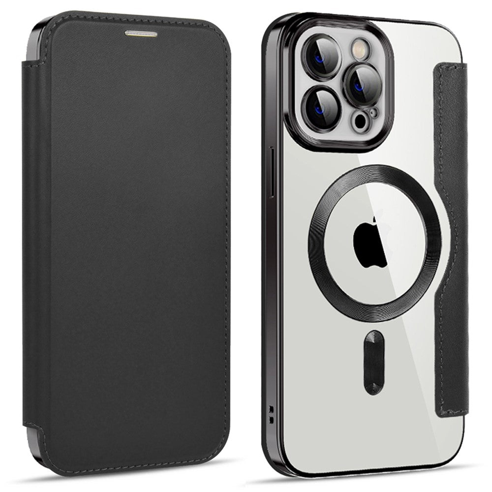 Phone Cover for iPhone 12 Pro Max 6.7 inch, Compatible with MagSafe RFID Blocking Card Slots Full Coverage PU Leather+TPU Electroplating Clear Back Flip Case with Lens Film