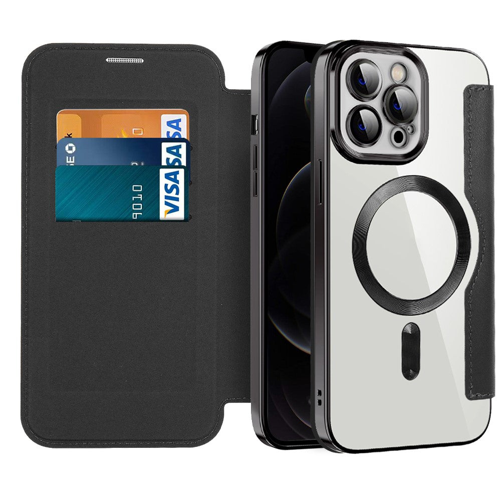 Phone Cover for iPhone 12 Pro Max 6.7 inch, Compatible with MagSafe RFID Blocking Card Slots Full Coverage PU Leather+TPU Electroplating Clear Back Flip Case with Lens Film