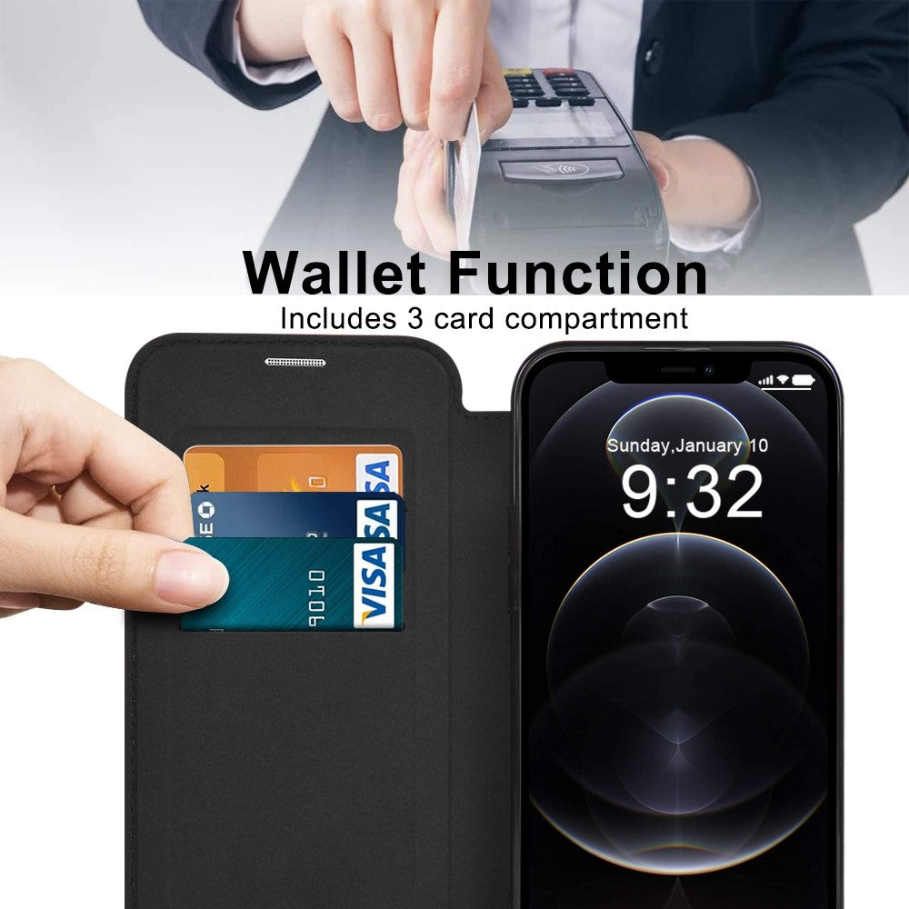 Phone Cover for iPhone 12 Pro Max 6.7 inch, Compatible with MagSafe RFID Blocking Card Slots Full Coverage PU Leather+TPU Electroplating Clear Back Flip Case with Lens Film