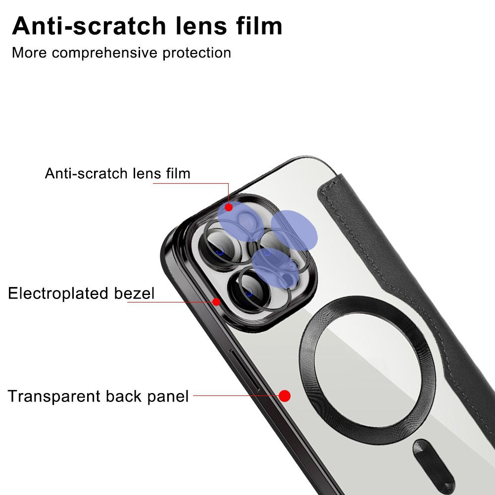 Phone Cover for iPhone 12 Pro Max 6.7 inch, Compatible with MagSafe RFID Blocking Card Slots Full Coverage PU Leather+TPU Electroplating Clear Back Flip Case with Lens Film